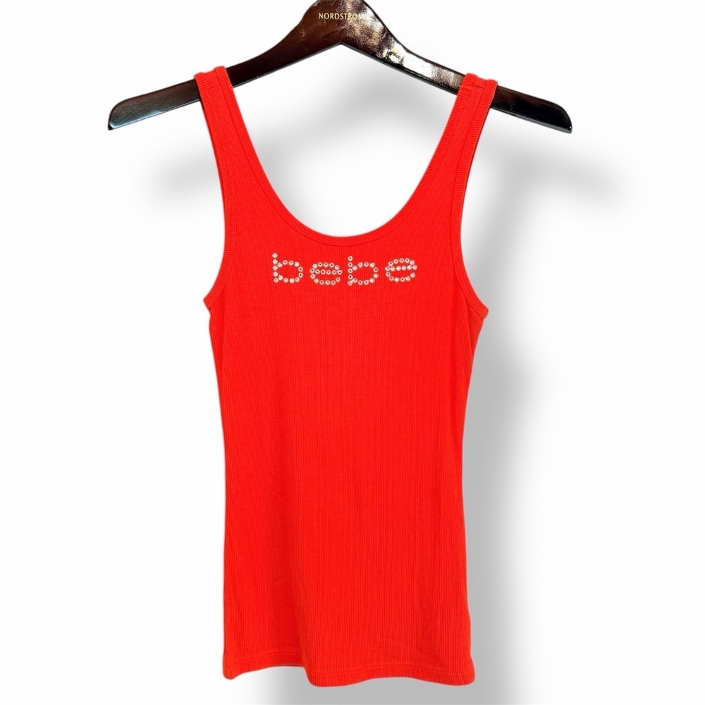 BEBE rhinestones embelished signature ribbed tank top, orange, size S, NWOT